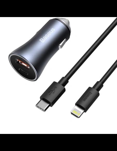 Autonabíječka Baseus Golden Contactor Pro, USB + USB-C, QC4.0+, PD, SCP, 40W (šedá) + kabel USB-C do iP 1m (černý)