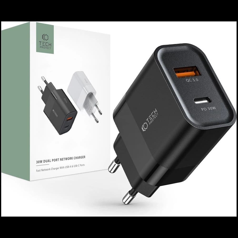Hálózati töltő Tech-Protect C30W 2-portos hálózati töltő PD 30W QC 3.0 fekete - 1