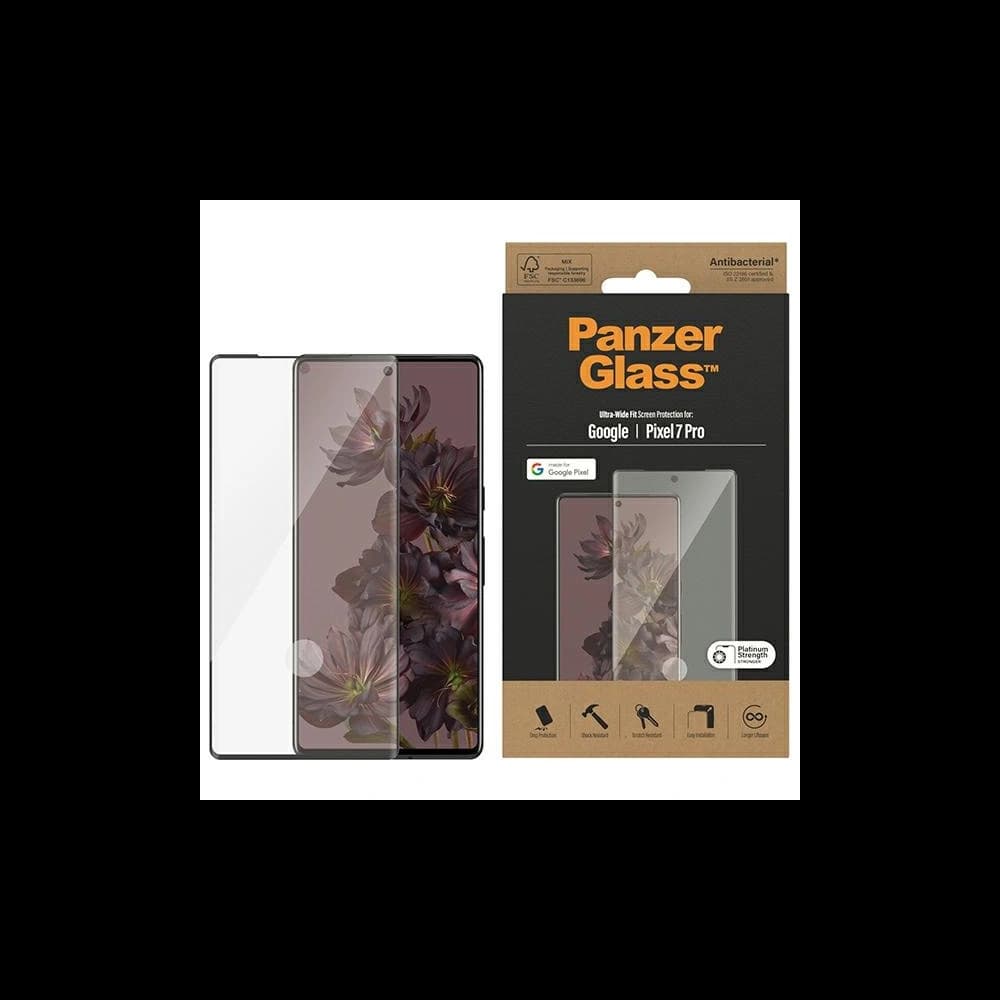 Tvrzené sklo PanzerGlass Ultra-Wide Fit Google Pixel 7 Pro Ochrana obrazovky Antibakteriální černý/black 4773 - 1