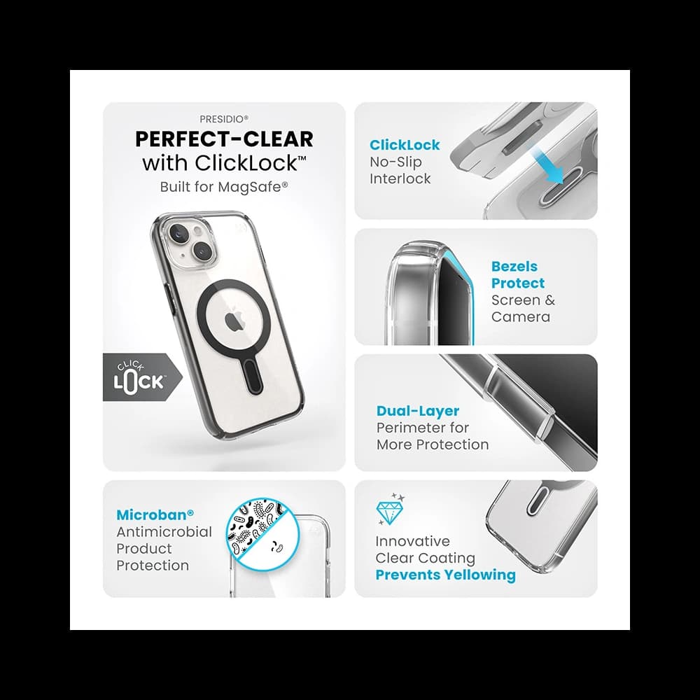 Speck Apple Carcasă Presidio Perfect-Clear ClickLock MagSafe iPhone 15 (transparent/negru glazurat/gri) - 10
