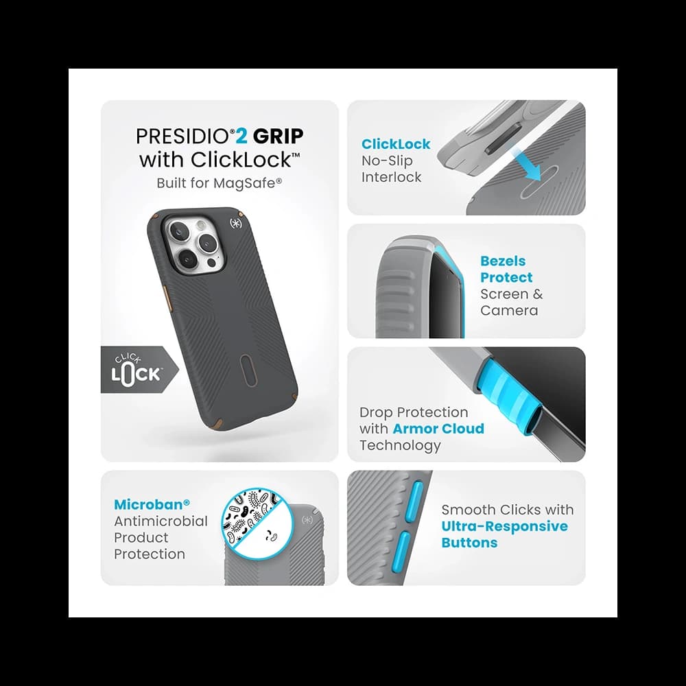 Speck Apple Carcasă Presidio2 Grip ClickLock & MagSafe iPhone 15 Pro (gri cărbune/Cool Bronze) - 3
