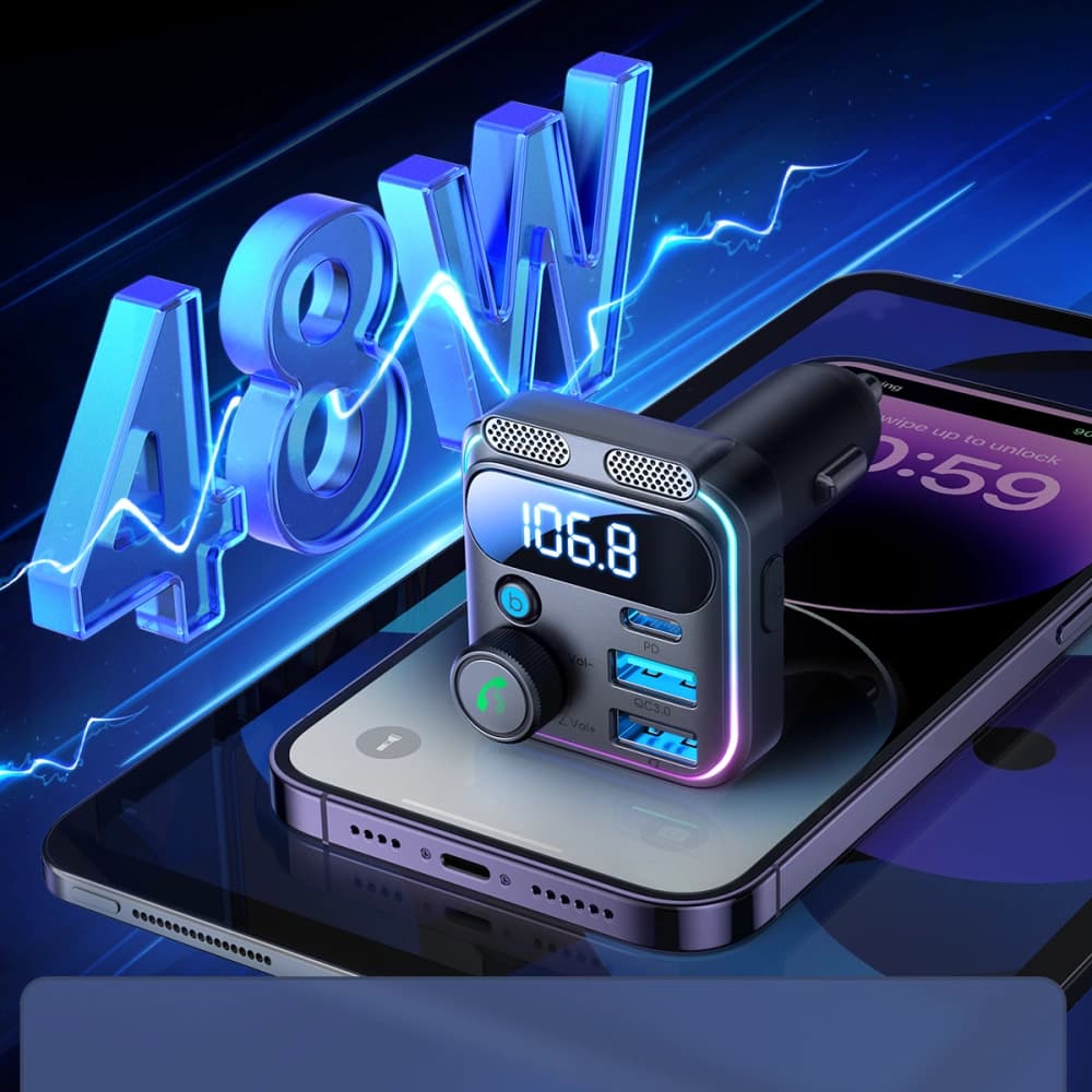 FM adó Joyroom JR-CCB01 2xUSB-A USB-C 48W dupla mikrofonnal fekete - 8