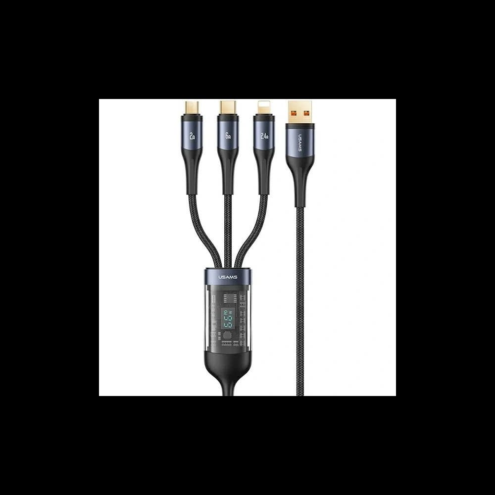 Kábel 3w1 USAMS US-SJ582 USB-A / Lightning / microUSB / USB-C 66W 1,2m fekete/black - 1