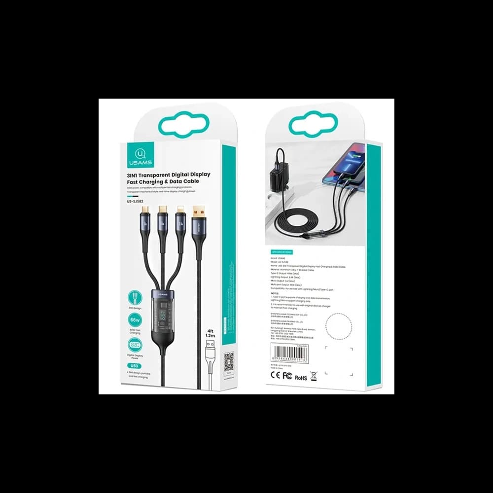 Kábel 3w1 USAMS US-SJ582 USB-A / Lightning / microUSB / USB-C 66W 1,2m fekete/black - 5