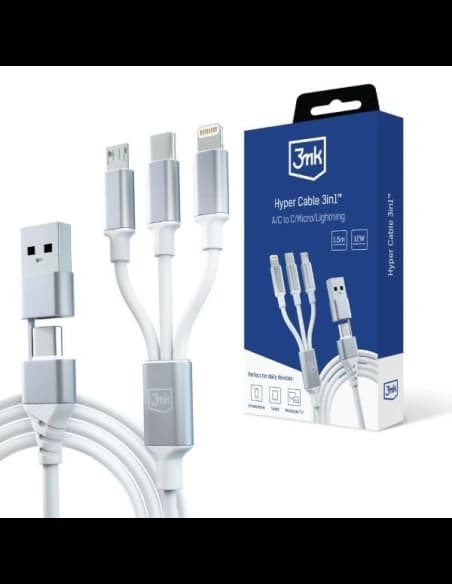 Kábel 3MK Hyper 3w1 USB-A - USB-C / USB-C, microUSB, Lightning 1.5m Fehér/White
