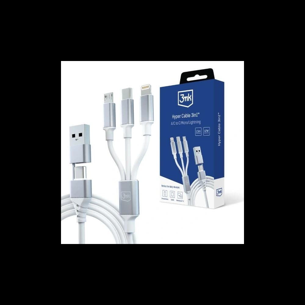 Kabel 3MK Hyper 3in1 USB-A - USB-C / USB-C, microUSB, Lightning 1.5m Weiß/White - 1