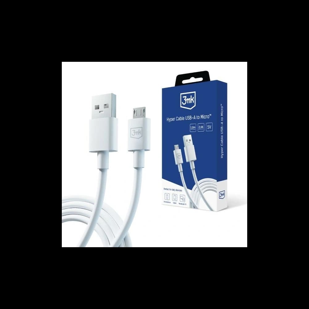 Cablul 3MK Hyper USB-A / microUSB 1.2m 5V 2.4A Alb/White - 1