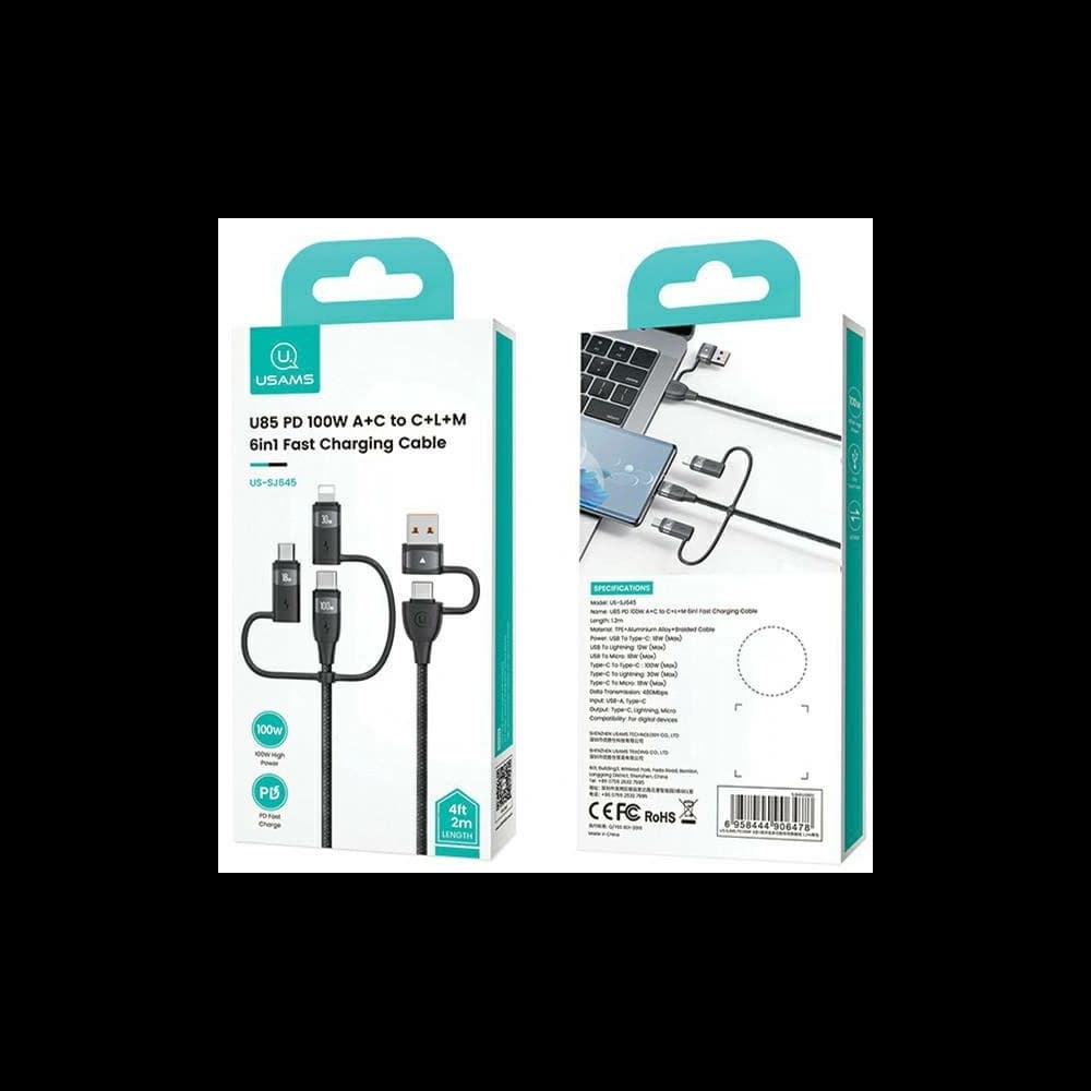 Kabel USAMS US-SJ646 U85 USB-A+USB-C/USB-C, Lightning, microUSB 6w1 2m 100W PD Fast Charge schwarz/black - 7