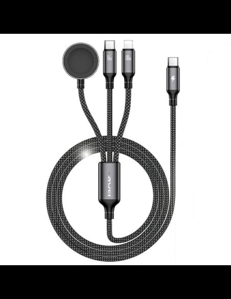 Kábel 3w1 AWEI W23 USB-C 100W / Lightning 10W / Watch 2.5W fekete/black