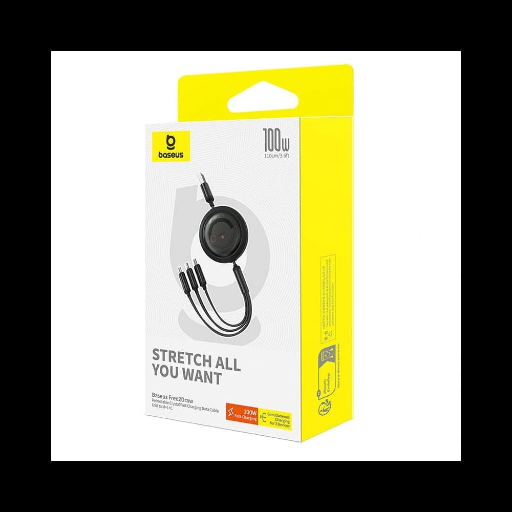 Kábel 3w1 Baseus Free2Draw USB/A / microUSB, Lightning, USB-C, 100W, 1.1 m (fekete) - 6