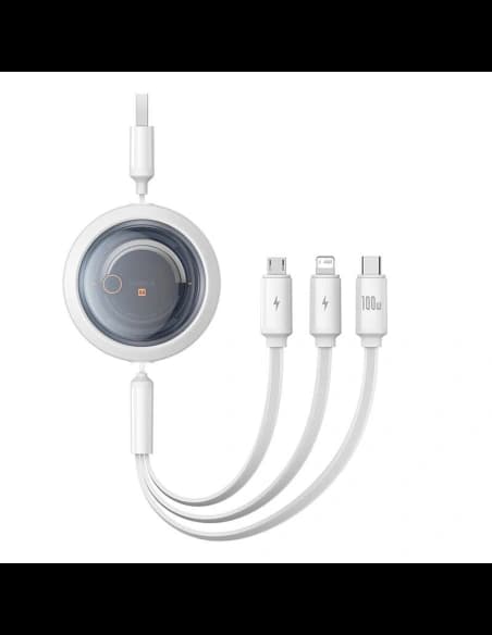 Kábel 3w1 Baseus Free2Draw USB-A / microUSB, Lightning, USB-C, 100W, 1.1 m (fehér)