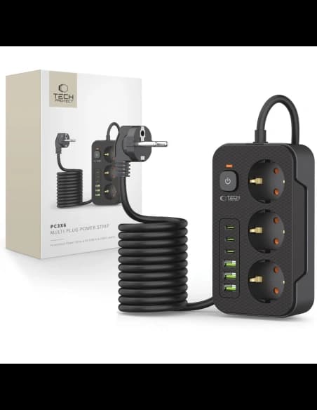 Tech-Protect PC3X6 Napájecí zásuvka 3xUSB-A, 3xUSB-C, 3xAC 200cm Černá
