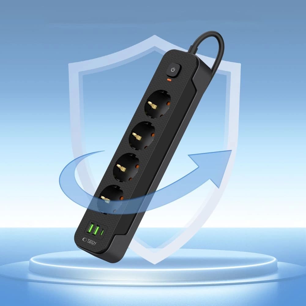 Tech-Protect PCL4X3 Napájecí zásuvka Dlouhá 2xUSB-A, USB-C, 4xAC 200cm Černá - 4