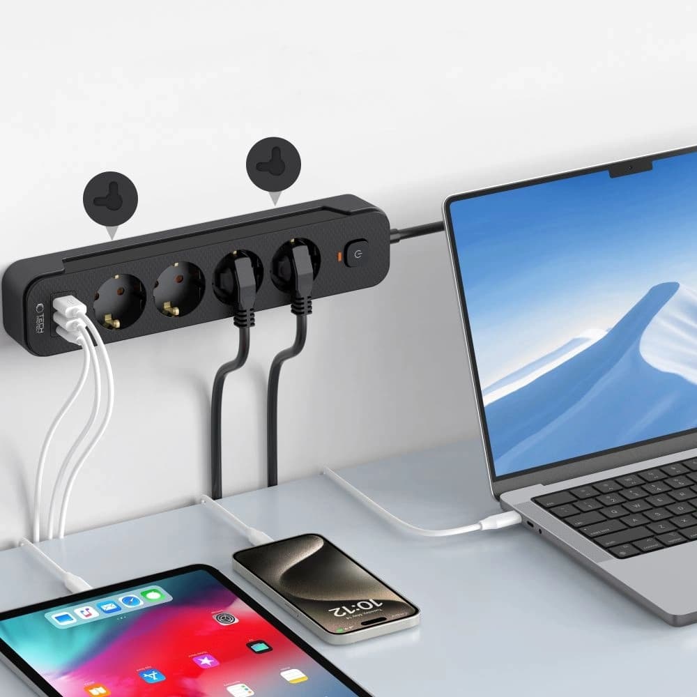 Tech-Protect PCL4X3 Napájecí zásuvka Dlouhá 2xUSB-A, USB-C, 4xAC 200cm Černá - 5