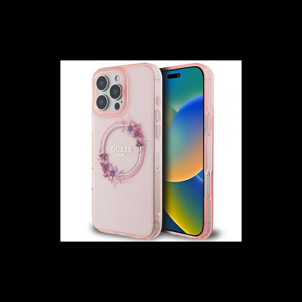 Guess GUHMP16XHFWFCP Apple iPhone 16 Pro Max Hardcase IML Blumenkranz MagSafe pink - 1