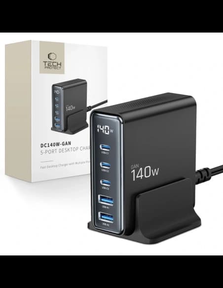 Nabíjecí stanice Tech-Protect DC140W-GAN 5 portová 2xUSB-A, 3xUSB-C Desktop Charger PD140W / QC3.0 Černá