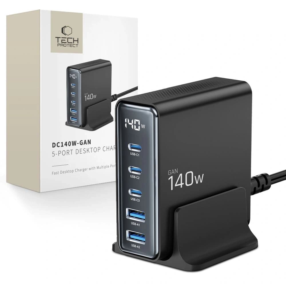 Tech-Protect DC140W-GAN 5-portos 2xUSB-A, 3xUSB-C Asztali Töltő PD140W / QC3.0 Fekete - 1