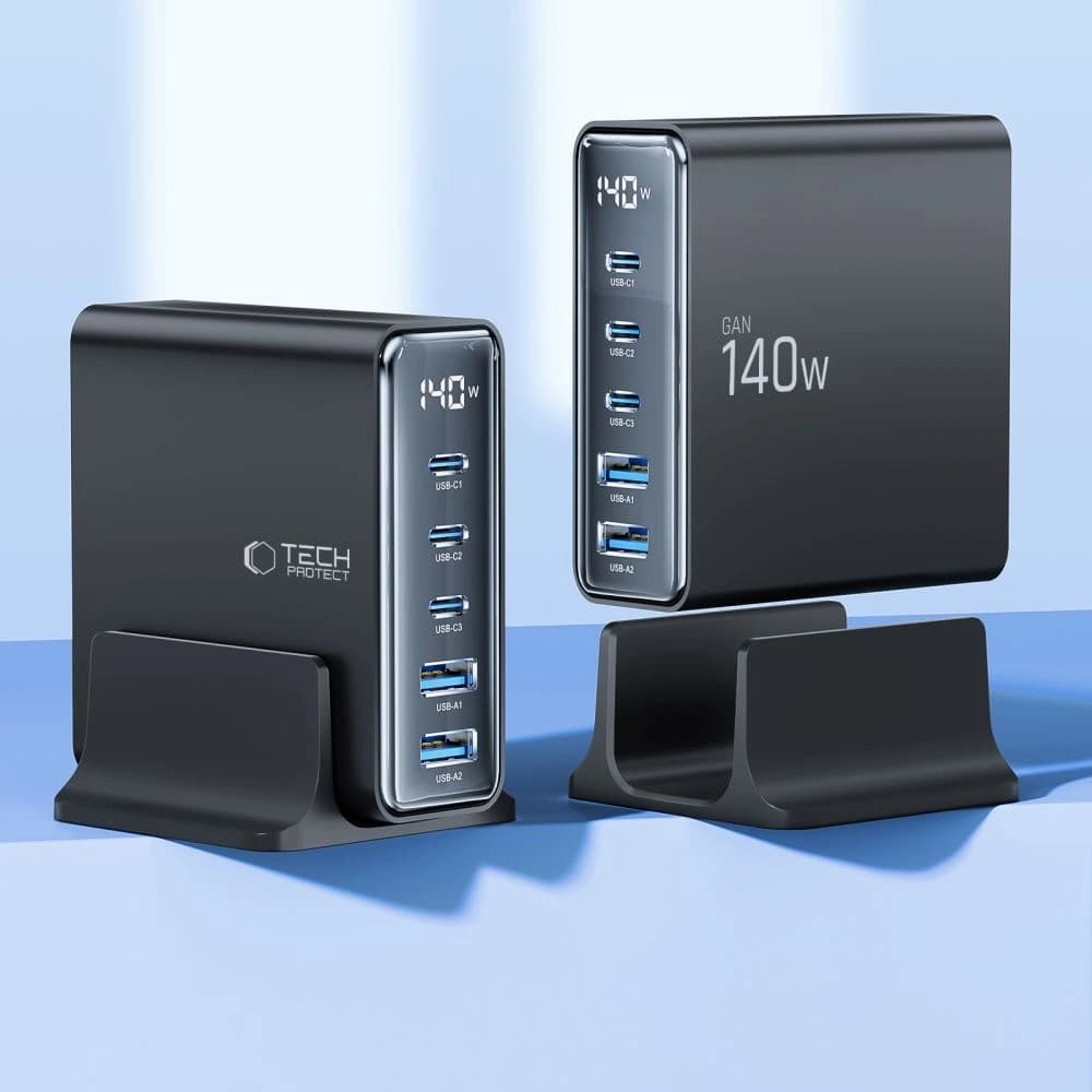 Tech-Protect DC140W-GAN 5-portos 2xUSB-A, 3xUSB-C Asztali Töltő PD140W / QC3.0 Fekete - 3