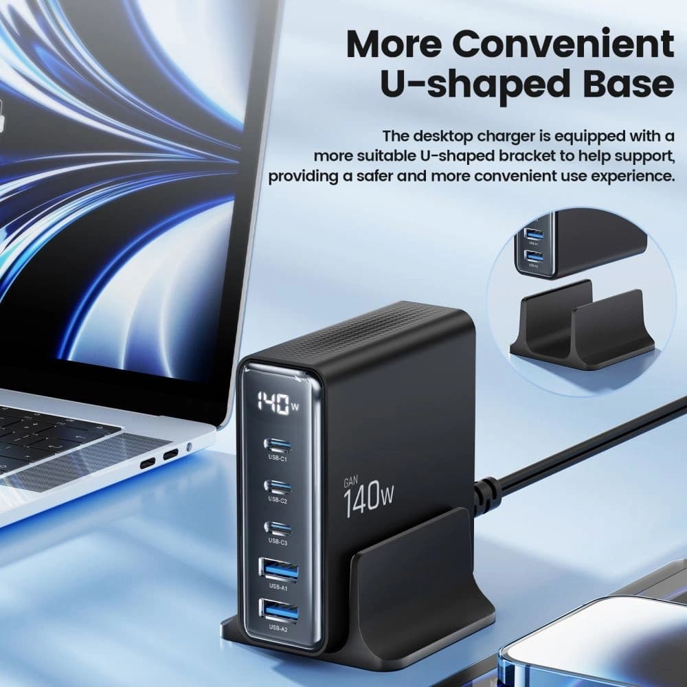 Tech-Protect DC140W-GAN 5-portos 2xUSB-A, 3xUSB-C Asztali Töltő PD140W / QC3.0 Fekete - 4