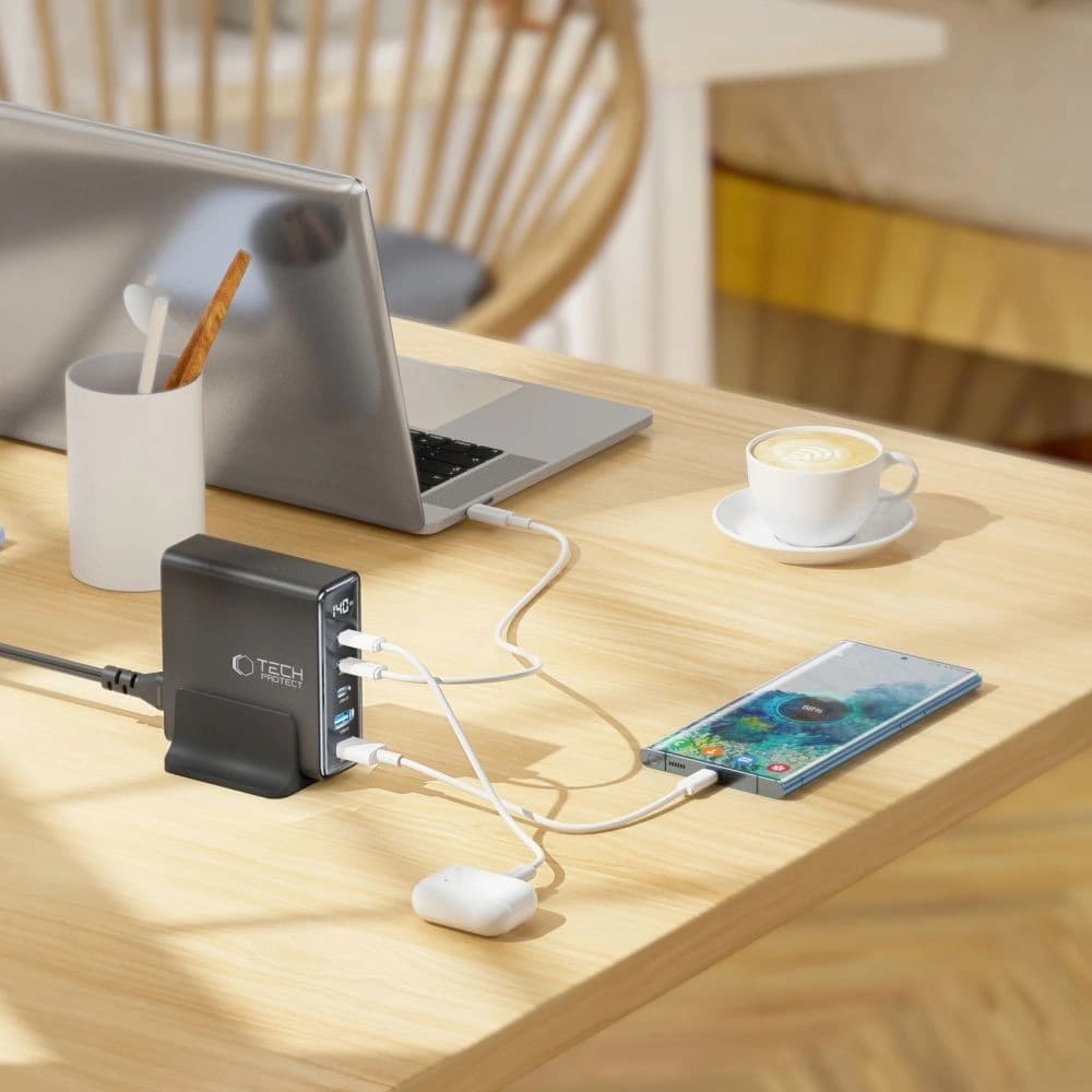 Tech-Protect DC140W-GAN 5-portos 2xUSB-A, 3xUSB-C Asztali Töltő PD140W / QC3.0 Fekete - 7