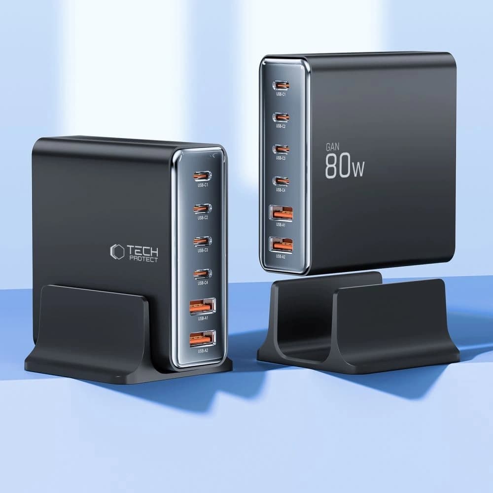 Tech-Protect DC80W-GAN Ladegerät 6-Port 2xUSB-A, 4xUSB-C Desktop-Ladegerät PD80W / QC3.0 schwarz - 3