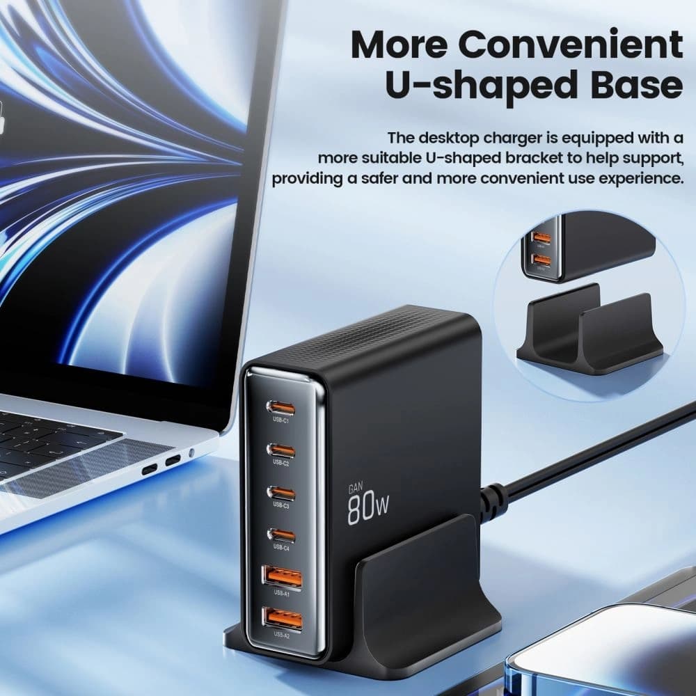 Tech-Protect DC80W-GAN Ladegerät 6-Port 2xUSB-A, 4xUSB-C Desktop-Ladegerät PD80W / QC3.0 schwarz - 4