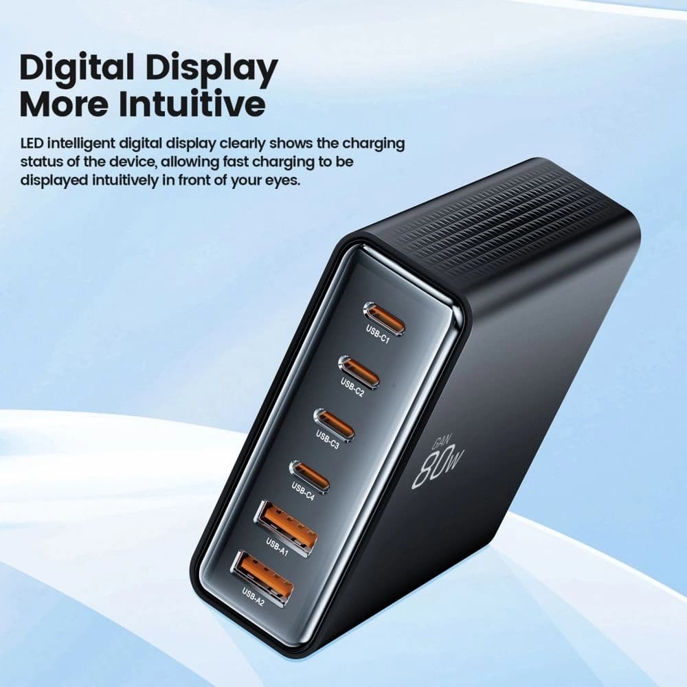 Tech-Protect DC80W-GAN Ladegerät 6-Port 2xUSB-A, 4xUSB-C Desktop-Ladegerät PD80W / QC3.0 schwarz - 5