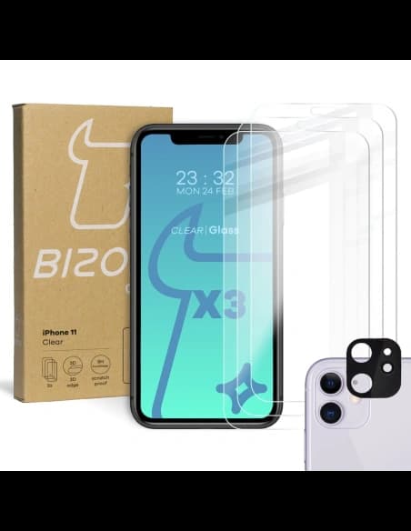 Bizon Glas Klarglas gehärtetes Glas - 3 Stück. + Linsenglas Apple iPhone 11