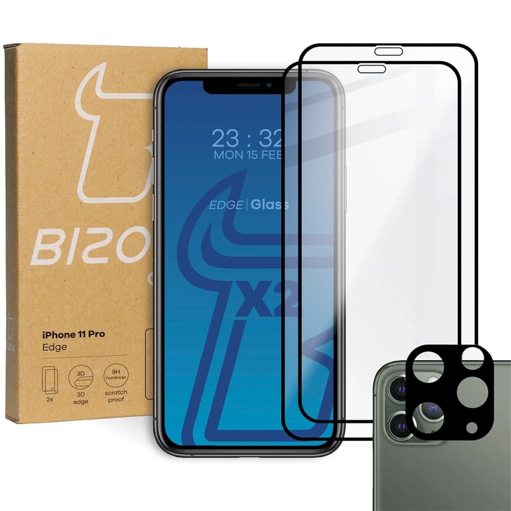 Bizon Glass Edge gehärtetes Glas - [2 PACK] + Linsenschutz Apple iPhone 11 Pro schwarz - 1