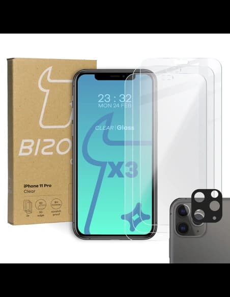 Bizon Glass Clear sticlă securizată - 3 buc. + sticlă lentilă Apple iPhone 11 Pro