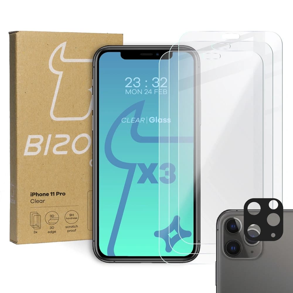 Bizon Glas Klar gehärtetes Glas - 3 Stück. + Linsenglas Apple iPhone 11 Pro - 1