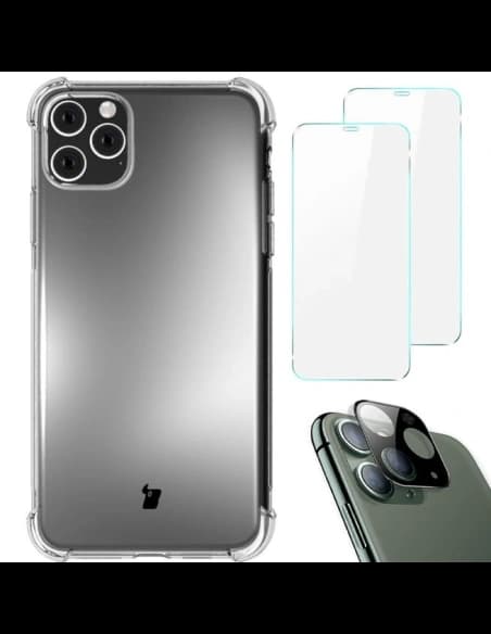 Bizon Case Clear Pack carcasă + 2x sticlă pentru ecran + sticlă pentru lentile Apple iPhone 11 Pro transparentă