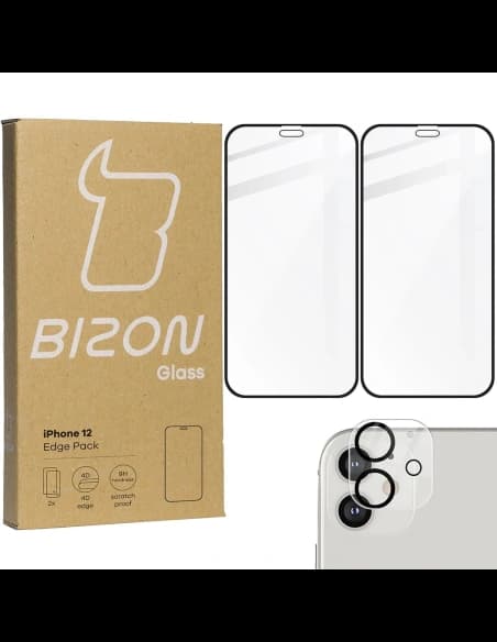 Tvrdé sklo Bizon Glass Edge CF - [2 PACK] + ochrana na objektiv Apple iPhone 12 černé