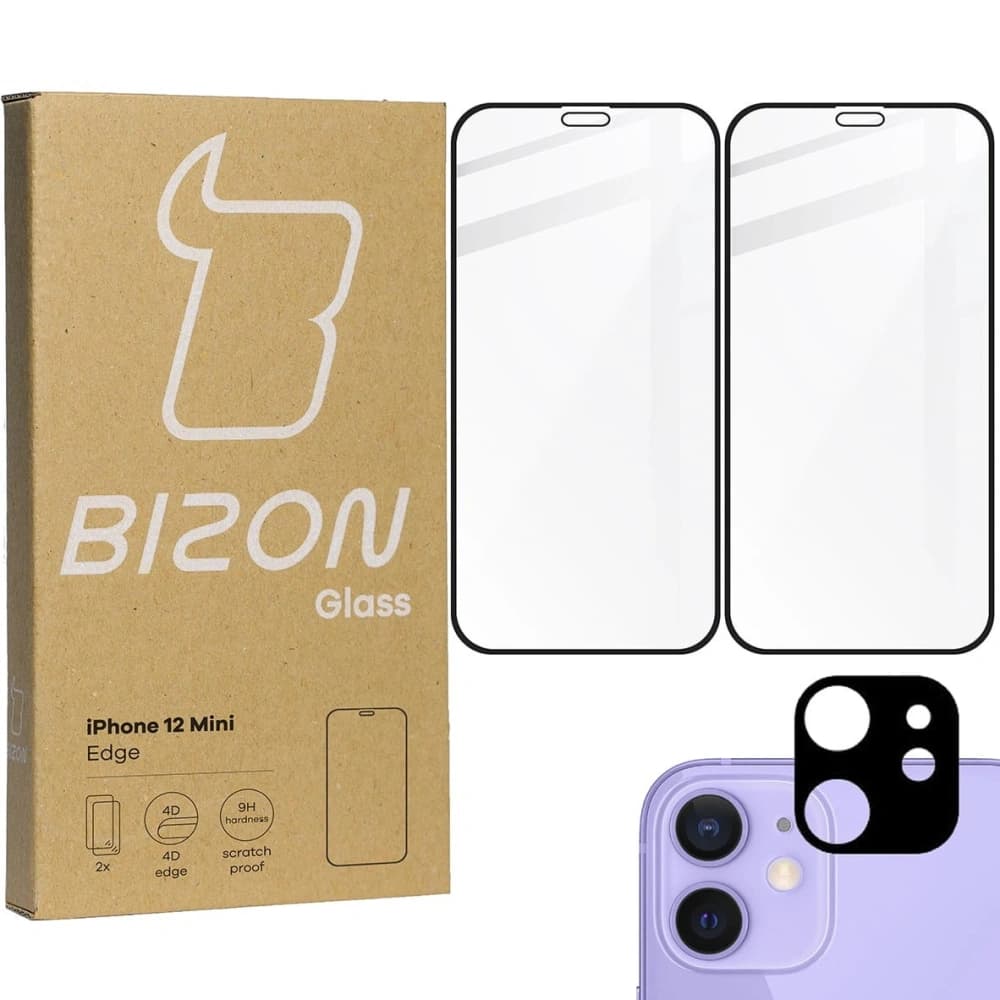 Tvrzené sklo Bizon Glass Edge CF - [2 PACK] + ochrana na objektiv Apple iPhone 12 Mini černé - 1