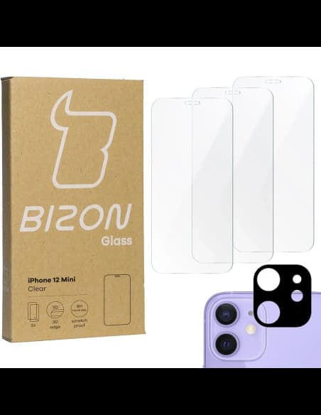 Bizon Glass Sticlă temperată clară - 3 buc. + sticlă lentilă Apple iPhone 12 Mini