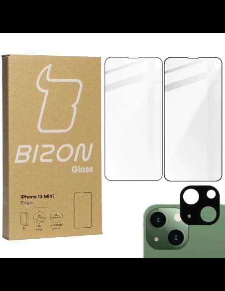 Bizon Glass Edge gehärtetes Glas - [2 PACK] + Linsenschutz Apple iPhone 13 Mini schwarz