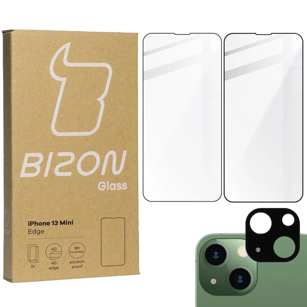 Tvrzené sklo Bizon Glass Edge - [2 PACK] + ochrana na objektiv Apple iPhone 13 Mini černé - 1