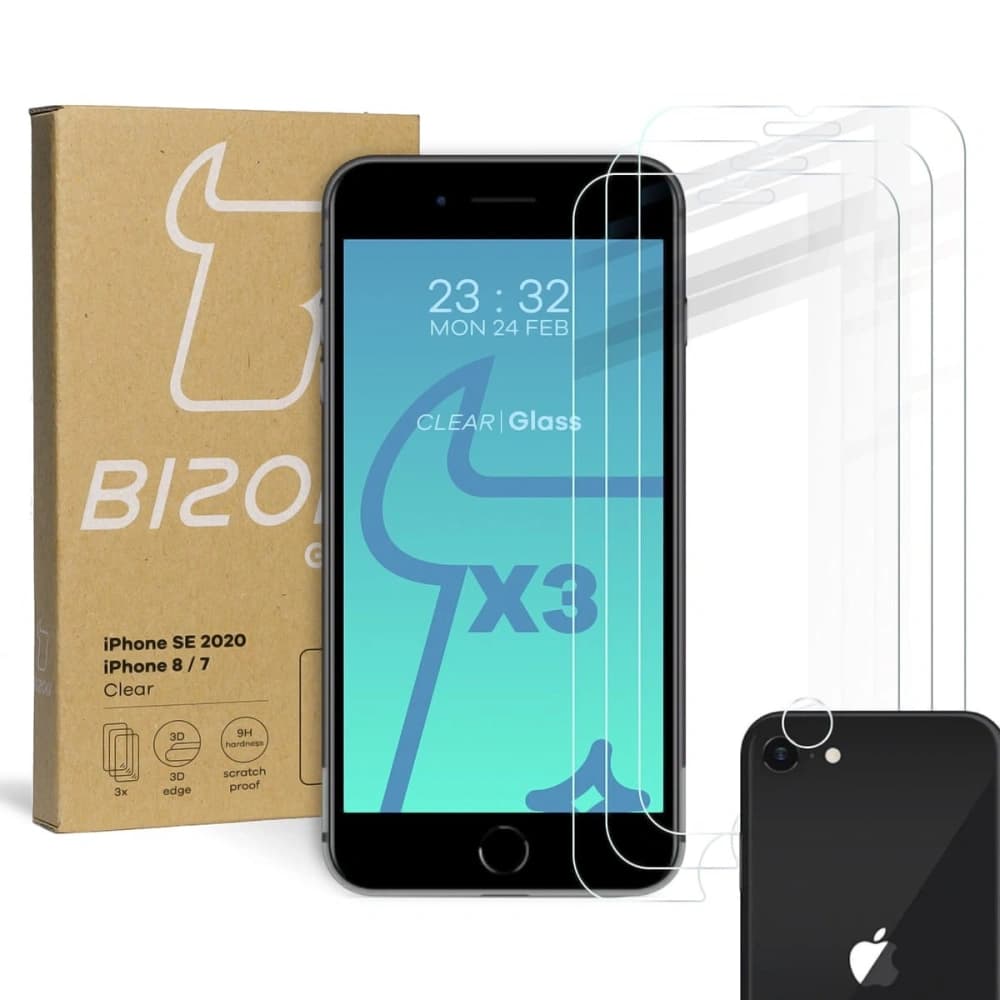 Sklo tvrzené Bizon Glass Clear - 3 ks + objektiv Apple iPhone SE 2022/2020 8/7 - 1