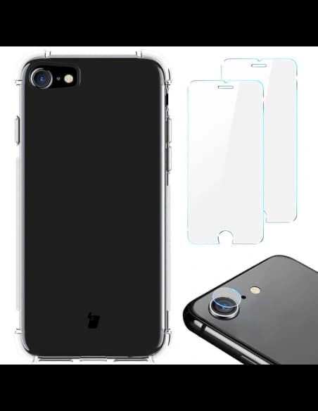 Etui + 2x sklo na obrazovku + objektiv Bizon Case Clear Pack pro Apple iPhone SE 2022/2020 8/7 průhledné