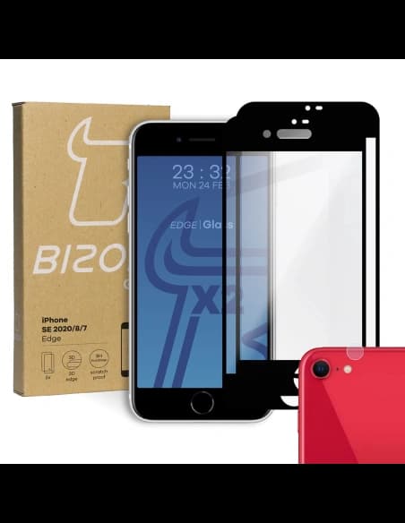 Tvrzené sklo Bizon Glass Edge - [2 PACK] + ochrana na objektiv Apple iPhone SE 2022/2020 8/7 černé