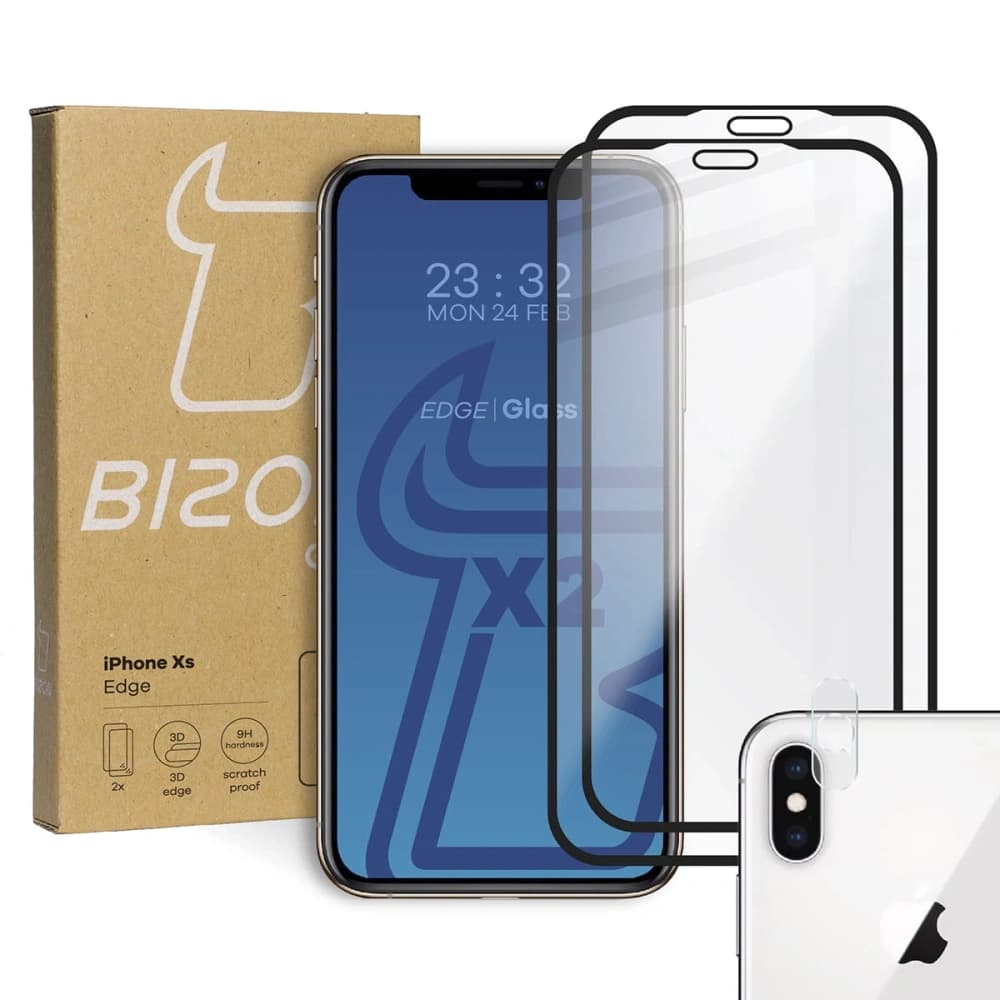 Bizon Glass Edge sticlă securizată - [2 PACHET] + protecție pentru lentile Apple iPhone Xs / X negru - 1