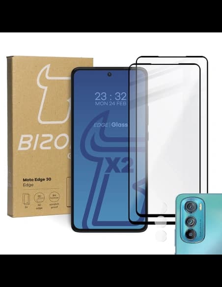 Bizon Glass Edge edzett üveg - [2 PACK] + lencse védelem Motorola Edge 30 fekete