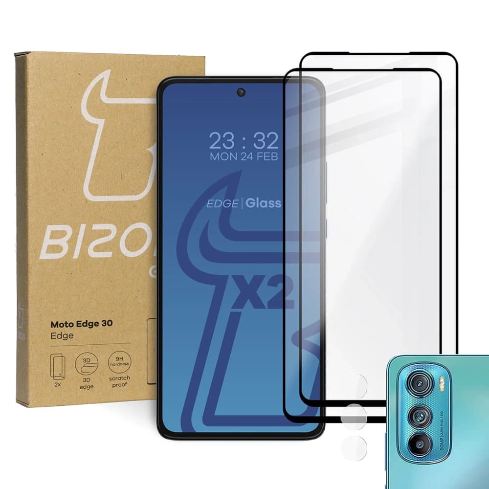 Bizon Glass Edge edzett üveg - [2 PACK] + lencse védelem Motorola Edge 30 fekete - 1