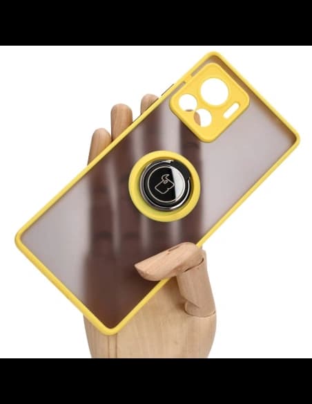 Etui z uchwytem na palec Bizon Case Hybrid Ring do Motorola Edge 30 Ultra kouřové se žlutým rámečkem
