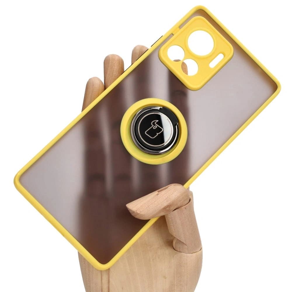 Etui z uchwytem na palec Bizon Case Hybrid Ring do Motorola Edge 30 Ultra kouřové se žlutým rámečkem - 1