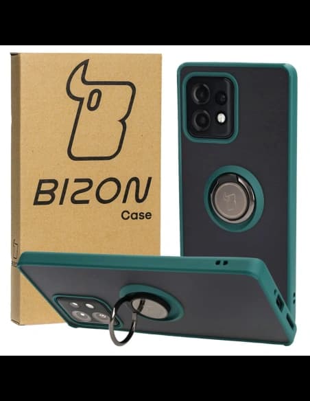 Husa Bizon Hybrid Ring pentru Motorola Edge 40 Pro, fumurie cu un cadru verde închis.