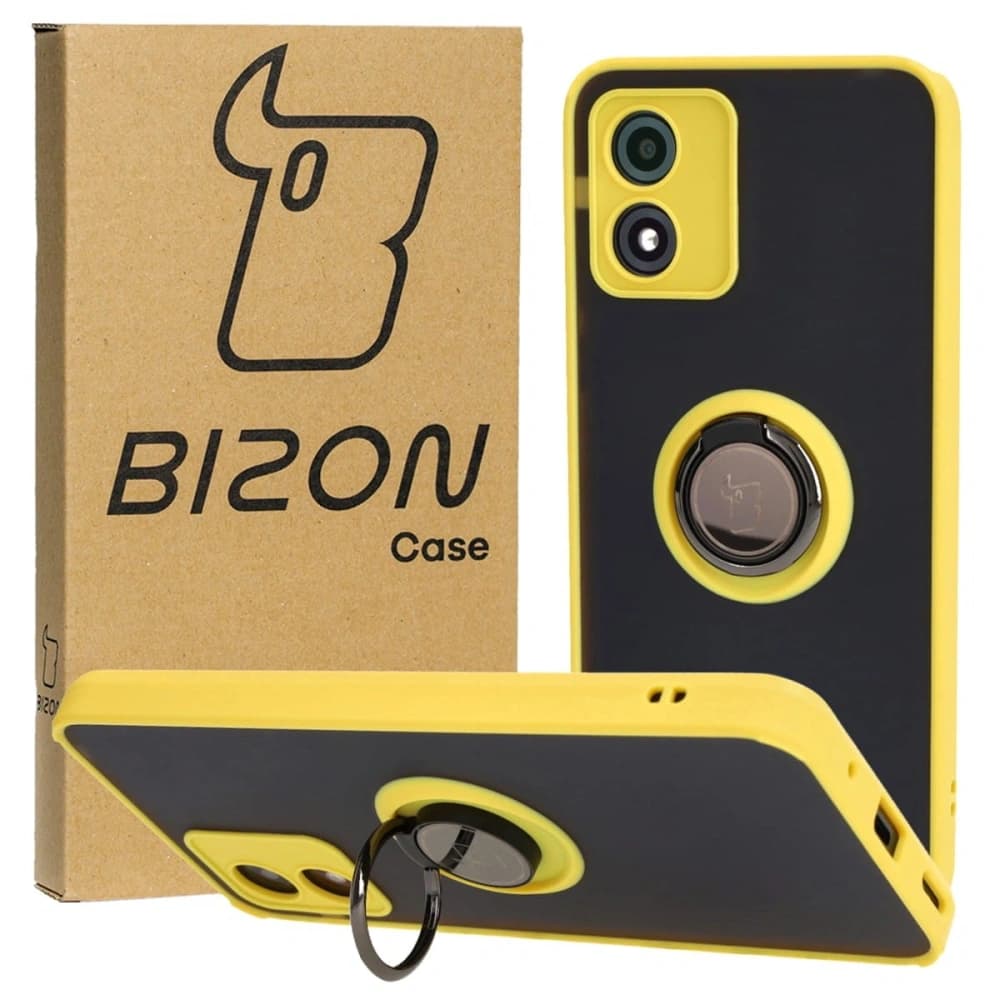Etui s úchytem na palec Bizon Case Hybrid Ring pro Motorola Moto E13 kouřové s žlutým rámem - 1