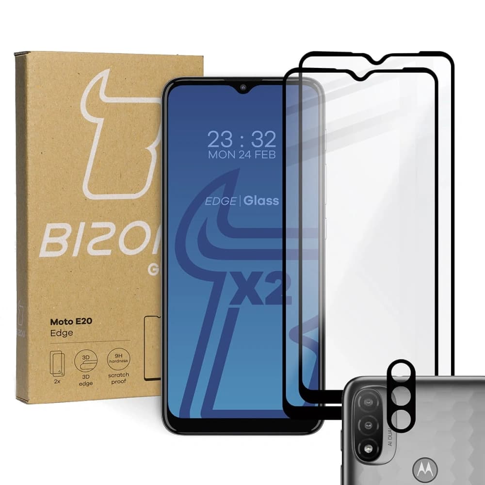 Tvrzené sklo Bizon Glass Edge - [2 PACK] + ochrana na objektiv Moto E20 - 1