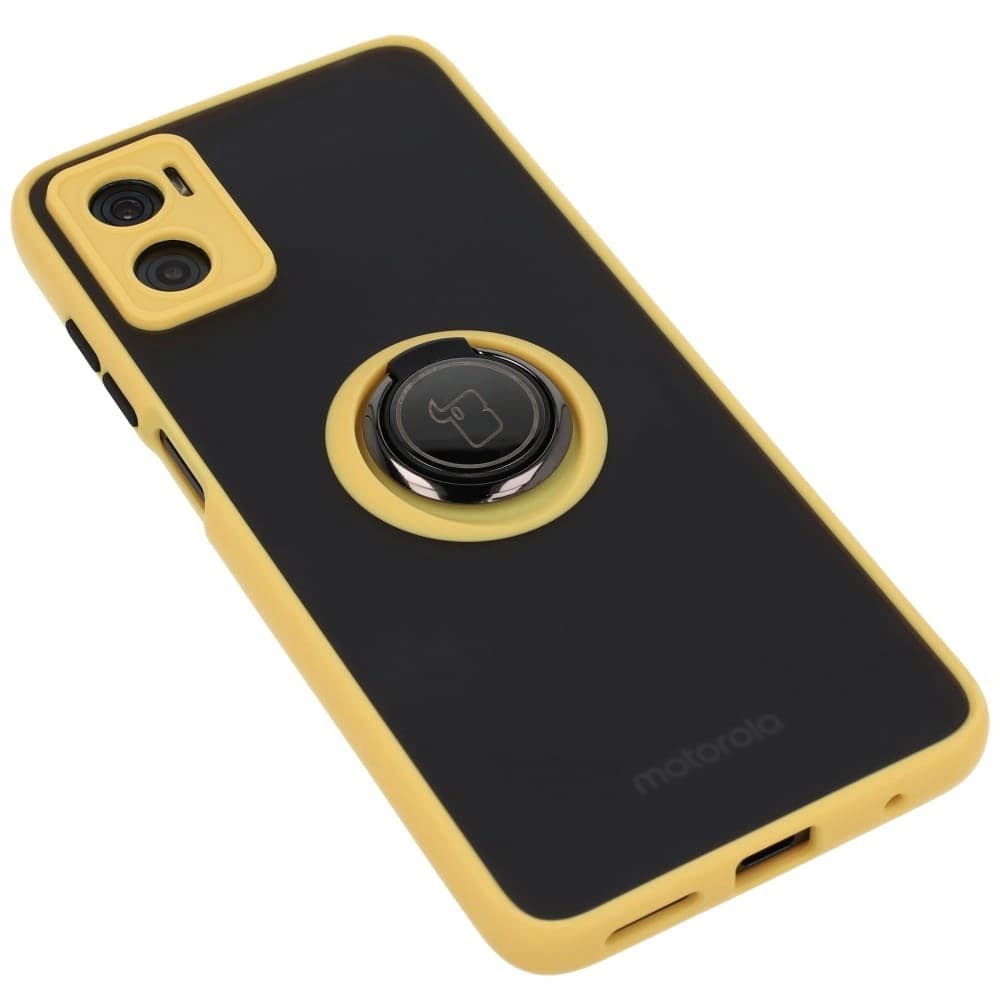 Etui s úchytem na prst Bizon Case Hybrid Ring pro Motorola Moto E22 / E22i kouřové se žlutým rámečkem - 4