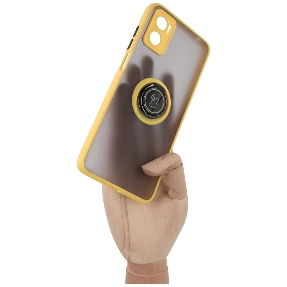 Etui s úchytem na prst Bizon Case Hybrid Ring pro Motorola Moto E22 / E22i kouřové se žlutým rámečkem - 6